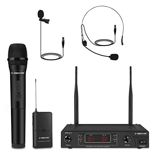Phenyx Pro Wireless Microphone System, VHF Cordless Mic Set with 1 Handheld+1 Headset+1 Lapel+1 Bodypack, Stable Signal, Long Range, Best for Presentation, Interview, Church, Wedding,Events (PTV-1B)