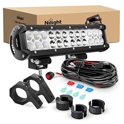 Nilight 12 Inch 72W LED Light Bars Spot Flood Combo Off-Road Light Mounting Bracket Horizontal Bar Tube Clamp With Off Road Wiring Harness, 2 Years Warranty