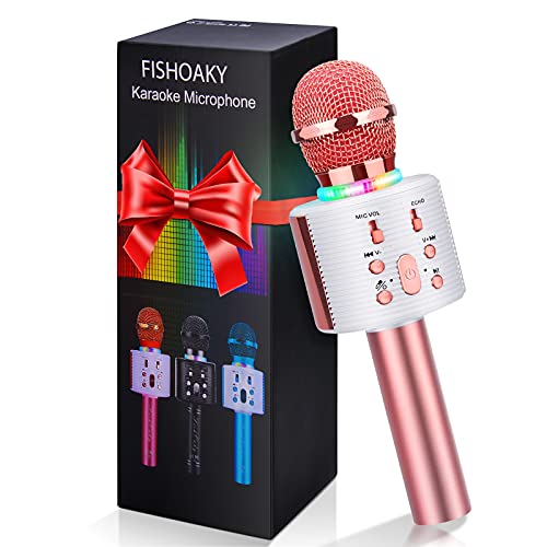 FISHOAKY Karaoke Microphone, Karaoke Machine Kids Portable Mic Player Speaker with LED & Music Singing Voice Recording for Christmas Birthday Home Party KTV Outdoor