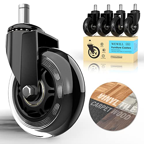 WEWILL Rollerblade Office Chair Wheels Replacement 99% Universal Fit Chair Casters(Set of 5) Heavy Duty Rubber Casters 3 INCH Smoothly & Quietly Safe for All Floor, Hardwood, Tile, Carpet