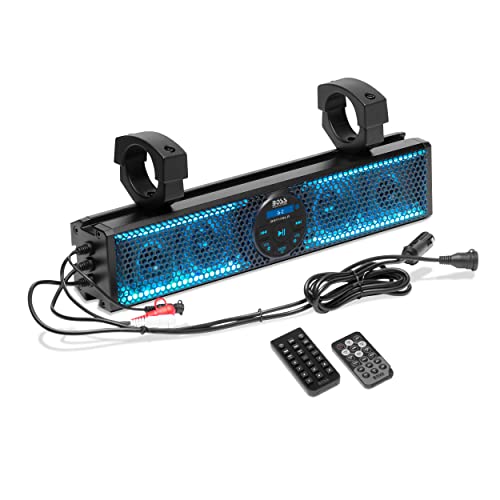 BOSS Audio Systems BRT17SLR ATV UTV Sound Bar Speaker System - 17 Inches Wide, IPX5 Rated Weatherproof, Bluetooth Audio, Amplified, 3 inch Speakers, 1 Inch Tweeters, USB Port, Multicolor Illumination