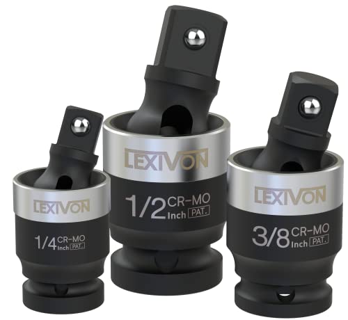 LEXIVON Impact Universal Joint - Patented SLIM Design | 3-Piece 1/2", 3/8", and 1/4" Socket Swivel Set | Chrome-Molybdenum Steel Full Impact Grade (LX-113-S)