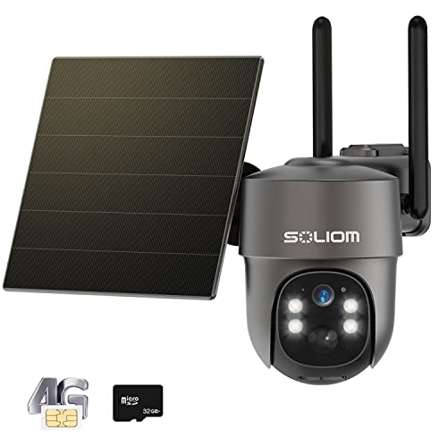 SOLIOM Cellular Security Camera 4G LTE, Solar Camera No WiFi Needed Wireless Outdoor, with Battery, 2K HD Spotlight Color Night Vision, Motion Detection,PTZ 360 2Way Talk, SIM & SD Card Include S330
