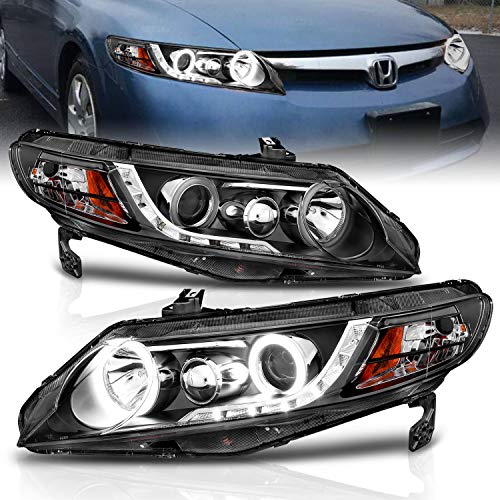 AmeriLite Projector Halogen Headlights Amber Xtreme LED Halo For 2006-2009 Honda Civic 4 Door/Hybrid Sedan - Passenger and Driver Side, Vehicle Light Assembly, Black