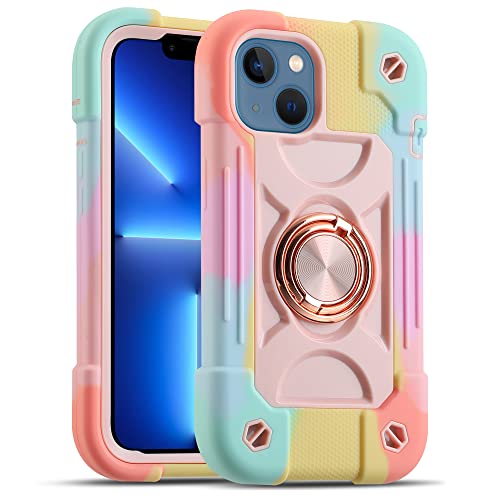 MARKILL Compatible with iPhone 14 Case/iPhone 13 Case 6.1 Inch with Built-in 360Rotating Ring Stand, Military Grade Drop Protection Full Body Rugged Heavy Duty Protective Cover. (Rainbow Pink)