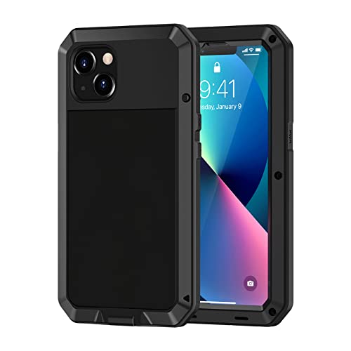 Lanhiem iPhone 13 Metal Case, Heavy Duty Shockproof [Tough Armour] Rugged Case with Built-in Glass Screen Protector, 360 Full Body Dust Proof Protective Cover for iPhone 13 6.1 inch, Black