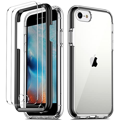 COOLQO Compatible for iPhone SE 2022/2020 Case 4.7 Inch, with [2 x Tempered Glass Screen Protector] Clear 360 Full Body Coverage Hard PC+Soft Silicone TPU 3in1 Protective Shockproof Phone Cover_Black