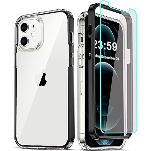 COOLQO Compatible for iPhone 12 /iPhone 12 Pro Case 6.1 Inch, with 2 x Tempered Glass Screen Protector Clear 360 Full Body Silicone Protective Shockproof for iPhone 12/12 Pro Cases Phone Cover Black