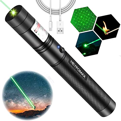 Green High Power Laser Pointer, Long Range Laser Pointer High Power Flashlight, Rechargeable Power Pointer for USB, with Star Cap Adjustable Focus Suitable for Hiking