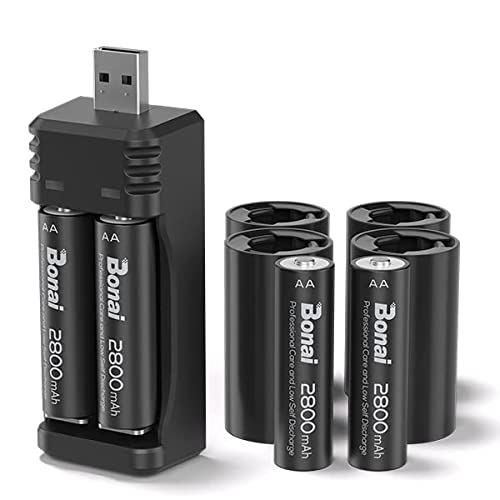 BONAI C Battery Converter with 4 AA Rechargeable Battery Charger Set, Rechargeable C Batteries 4P with Charger