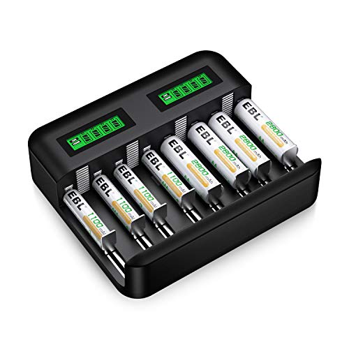 EBL Battery Charger for AA/AAA/C/D Rechargeable Battery with 1.2V NiMH Rechargeable AA Battery 2800mAh(4pcs) and 1100mAh AAA Battery(4pcs) Combo