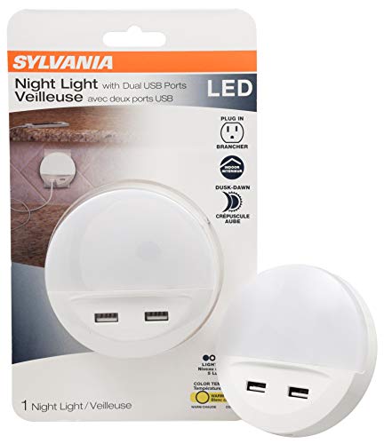 SYLVANIA LED Night Light with Dual USB Ports, 22 Year, Dusk to Dawn, Frosted Finish, 3000K, Warm White - (pack of 1)(65005)