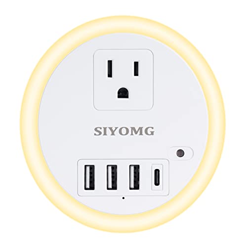 Outlet Extender with Night Light, SIYOMG Wall Outlet with 4 USB Ports (1 USB C), USB Wall Charger, Outlet Splitter Expander for Home Office Dorm Room