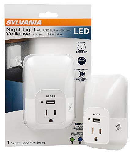 SYLVANIA LED Night Light with USB Port and Socket, 3-Color Select, Frosted, 3000K, 5 Lumens, Cool White - 1 Pack (64991)