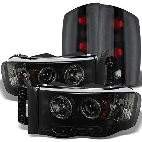 AKKON - For 2002-2005 Dodge Ram 1500 2500 3500 Black Smoked Halo Projector LED Headlights+Black Smoke Tail Lamps