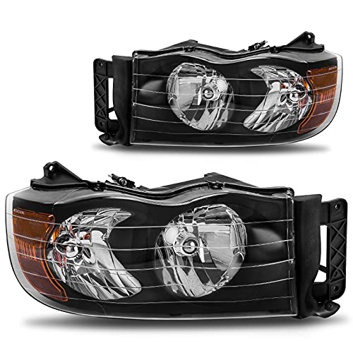 DWVO Headlight Assembly Compatible with 2002-2005 Dodge Ram 1500/2003-2005 Dodge Ram 2500 3500 Black Housing Amber Reflector (Passenger & Driver side)