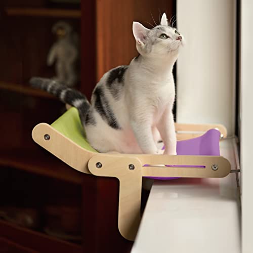 MEWOOFUN Cat Window Perch Lounge Mount Hammock Window Seat Bed Shelves for Indoor Cats No Drilling No Suction Cup (Purple/Green)