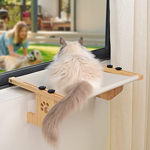 Doemtio Cat Window Perch Sturdy Solid Wood Cat Window Hommock for Large Cats Indoor Easy to Adjust Cat Window Bed Seat Shelf for Windowsill Bedside Cabinet and Drawer