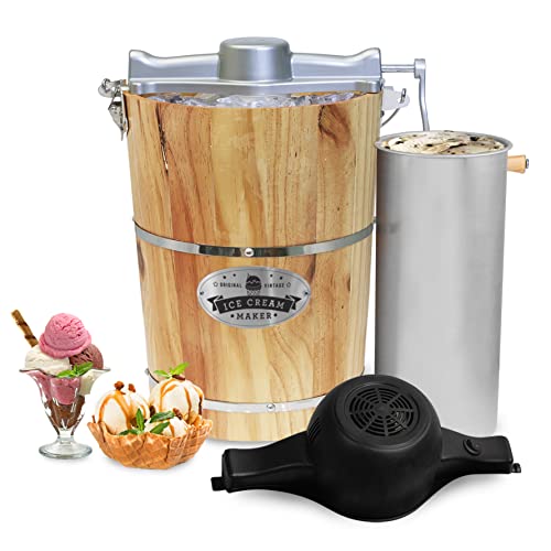 Elite Gourmet Old Fashioned 6 Quart Vintage Appalachian Wood Bucket Electric Ice Cream Maker Machine, Bonus Classic Die-Cast Hand Crank for Churning, Uses Ice and Rock Salt Churns Ice Cream in Minute
