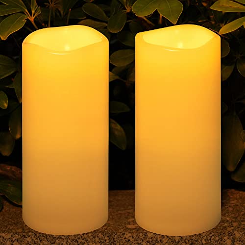 Patiphan Solar Candles Outdoor Waterproof: 4" x 10" Large Flickering Flameless LED Pillar Candles with Light Sensor Timer Solar Power Rechargeable Battery for Outside Patio Porch(2 Pack White)