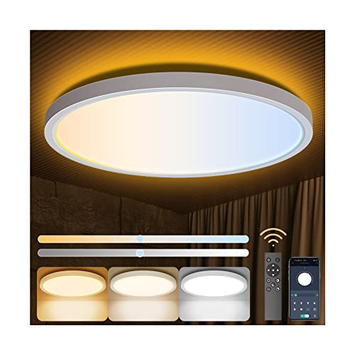 Aphyni LED Flush Mount Ceiling Light with Remote Control-0.99 inch Low Profile-24W 12 inch 5-100% Dimmable with Night Light-3000K-6500K Changeable Flat Round Ceiling Light Fixture for Bedroom