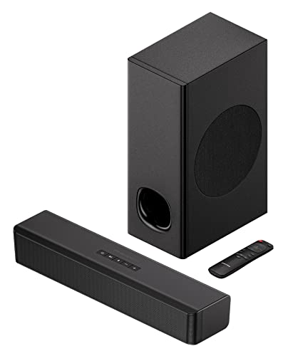 PHEANOO 2.1 Compact Sound Bars for TV with Subwoofer, HDMI ARC/Bluetooth 5.0/Optical/AUX/RCA Connection, Remote Control, Adjustable Bass, Wall Mountable  P15, 140W, 16 inch