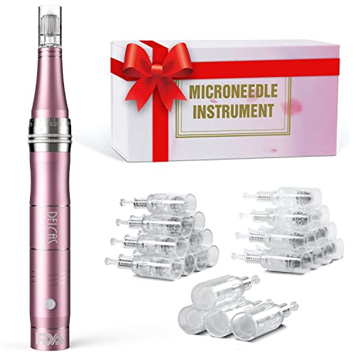 PELCAS Electric Cordless Microneedling Pen With 24 Pcs Replacement Cartridges, Adjustable 0.25mm Microneedle Dermapen Easy to Use at Home