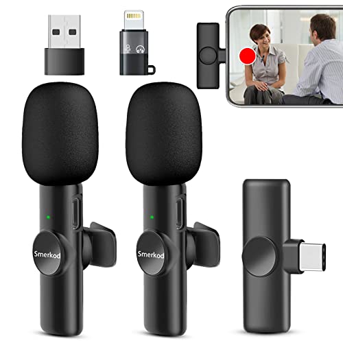 Smerkod Wireless Lavalier Microphone for iPhone, iPad, Android Phone, Computer - Professional Video Recording Lapel Lav Mic, 2 Mini Clip on Microphone for YouTube Interview Vlog Livestream & Podcast