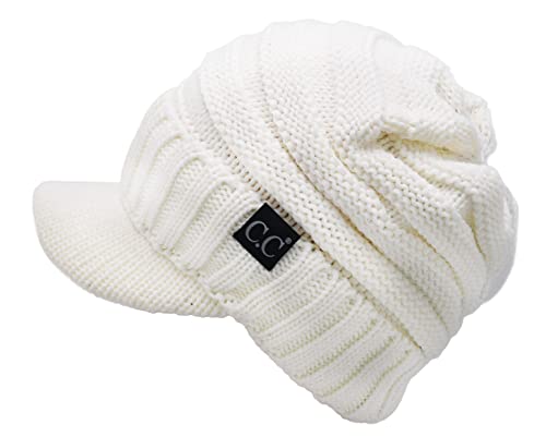 C.C Trendy Warm Oversized Chunky Soft Oversized Ribbed Slouchy Knit Hat with Visor Brim (Ivory)