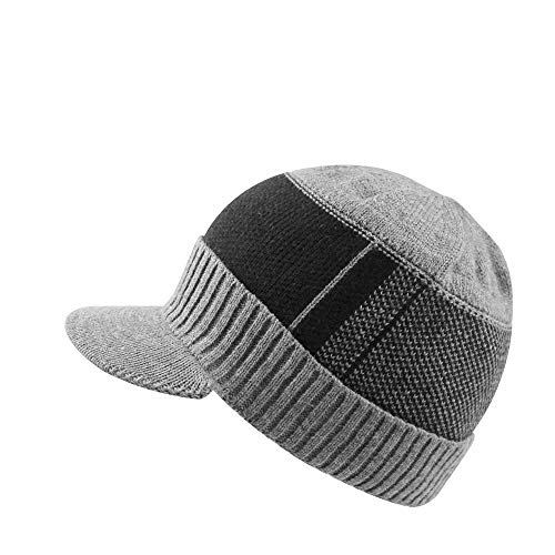 XIAOHAWANG Winter Men Hat Knit Cable Visor Beanie with Fleece Lining Patchwork Stripe Newsboy Cap with Brim for Outdoor Sport (Grey)
