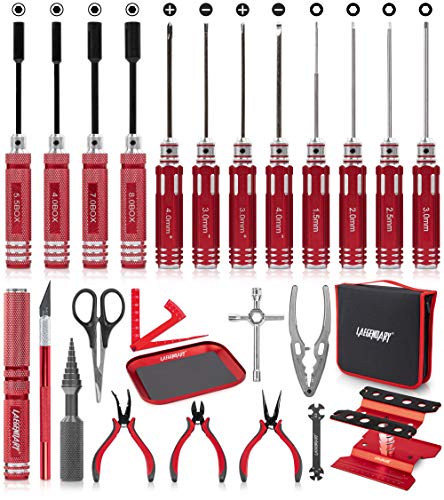 RC Car Tool Kit - Screwdriver Set (Flat, Phillips, Hex), Pliers, Wrench, Body Reamer, Stand, Repair Tools for Quadcopter Drone Helicopter Airplane, Accessories Compatible with Traxxas R C Cars  25pcs