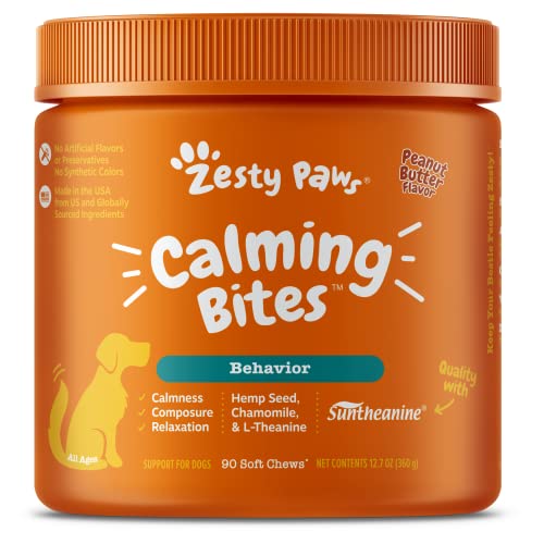 Zesty Paws Calming Soft Chews - Composure & Relaxation for Everyday Stress & Separation - with Ashwagandha, Organic Chamomile, L-Theanine & L-Tryptophan  Peanut Butter - 90 Count