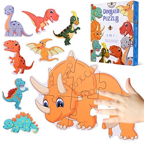 BEESTECH Beginner Dinosaur Puzzles for 2, 3, 4 Year Old Toddlers, 8 Pack Jigsaw Floor Puzzles, Educational Learning Puzzles for Toddlers, 8 Different Dinosaurs with Dinosaur World Map