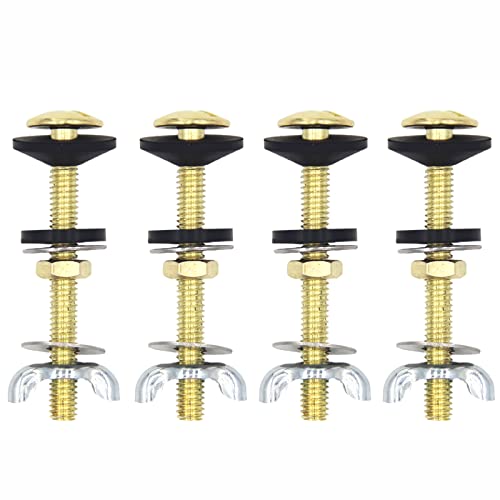 4 Pack Toilet Tank to Bowl Bolt Kit, Brass Plated Heavy Duty Toilet Bolts Rustproof Bolt Stainless Steel Nut Washer with Double Rubber Washers for Toilet Tank Bolts (3.15 inch Bolts)