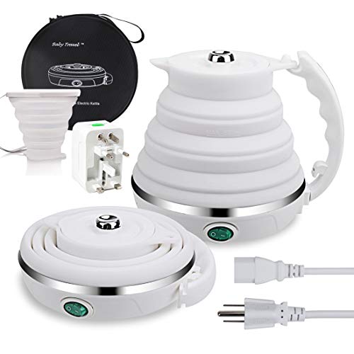 Upgrade Travel Kettle, ShineMe Food Grade Silicone Dual Voltage 110-220V Ultrathin Portable Electric Water Kettle with Cup, Universal Adaptor and Detachable Power Cord, 555ML (White)