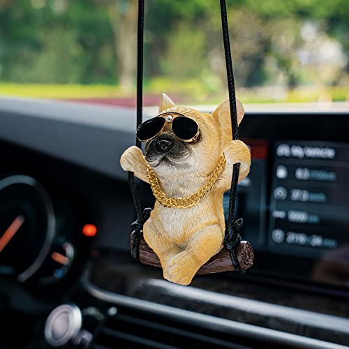 Floruit Swinging Dog Rear View Mirror Accessories for Car, French Bulldog Car Hanging Ornament Car Pendant Cute Car Accessories for Men & Women Cute Car Decor (Yellow)