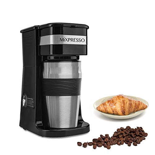 Mixpresso 2-In-1 Single Cup Coffee Maker & 14oz Travel Mug Combo | Portable & Lightweight Personal Drip Coffee Brewer & Tumbler Advanced Auto Shut Off Function & Reusable Eco-Friendly Filter