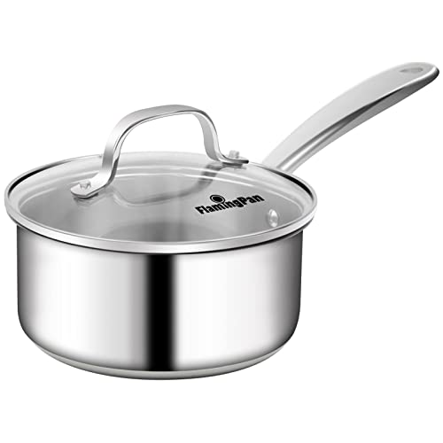 Flamingpan 1.5QT Stainless Steel Saucepan with Glass Lid, Small Pot for Cooking Soups, Sauces, Durable, Rust-Resistant & Non-discoloring Pot with Lid, Sauce Pan & Easy to Clean