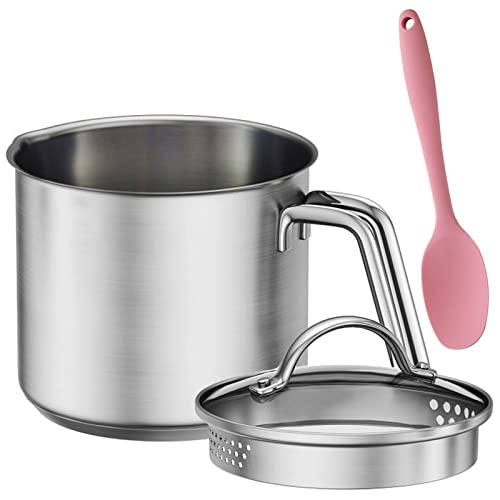 Stainless Steel Saucepan with Glass Lid, Multipurpose 1.5 Quart Sauce pan Sauce Pot with Straining Cover & Pour Spouts for Boiling Milk, Sauce, Gravies, Pasta, Noodles