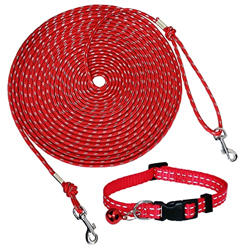 Reflective Cat Leash -30FT Cat Cable Out Leash Escape Proof Walking Leads Yard Long Leash Durable Safe Personalized Extender Leash Traning Play Outdoor for Puppies/Kittens/Rabbitsgive Away an Collar