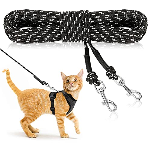 Rypet Reflective Cat Long Leash - 15 FT Escape Proof Walking Leads Yard Long Leash Durable Safe Personalized Extender Leash Traning Play Outdoor for Kitten, Puppy, Rabbit and Small Animals