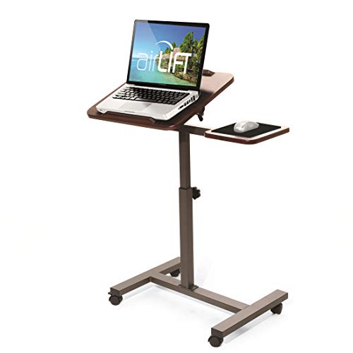 Seville Classics Airlift Height Adjustable Mobile Rolling Laptop Cart Computer Workstation Desk Table for Home, Office, Classroom, Hospital, w/Wheels, Tilt w/Side (28") (New Model), Walnut