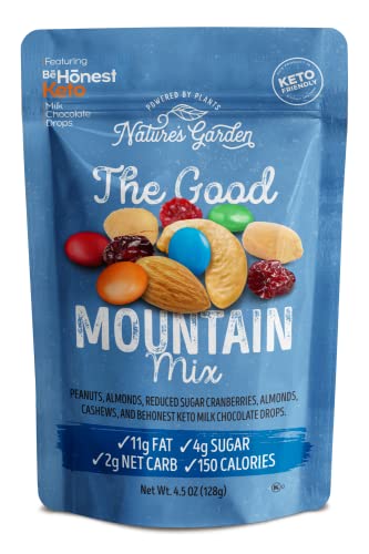 Nature's Garden The Good Mountain Mix, 4.5 oz (Pack of 6) - Keto Friendly Snacks, BeHonest Keto Milk Chcolate Drops, Peanuts, Almonds, Cashews, Cranberries, Healthy Snacks for Adults, Mixed Nuts