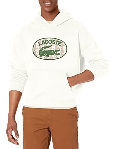 Lacoste Men's Loose Fit Branded Monogram Hooded Sweatshirt, Farine, X-Large