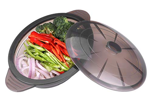 Microwave Steamer Cooker Collapsible Bowl-Silicone Steamer Cookware with Handle Lid for Vegetables Fish Prep Meal Food with Removable Rack BPA Free, Easy to Store, Freezer & Dishwasher Safe, Black