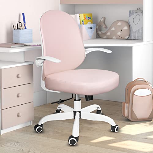 SeekFancy Kids Desk Chair Pego300, Pink Kids Study Chair for Boys Girls with Eggshell Design Backrest, Ergonomic Growing Teen Office Chair with Flip up Arms and Wheels, Pu Leather Office Task Chair