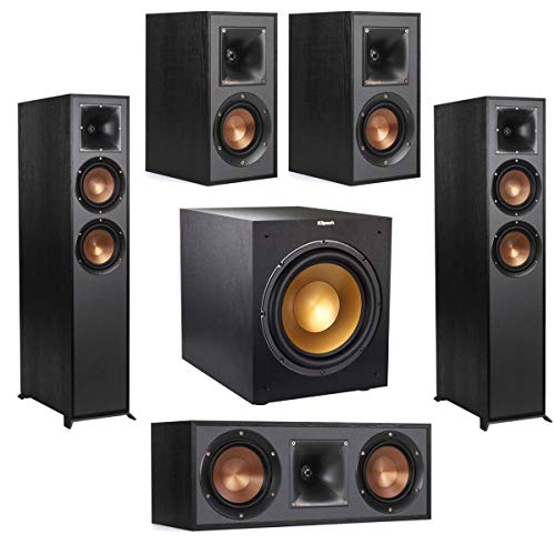 Klipsch 2 Pack R-625FA Dolby Atmos Floor Standing Speaker - Bundle with R-41M Bookshelf Home Speakers, R-52C Center Channel Home Speaker, R-12SWi 12-in Wireless Subwoofer, BlackPolymer Veneer