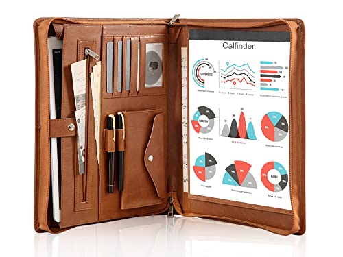 Calfinder Leather Portfolio Organizer for Men & Women, Leather Portfolio Folder with Handle for ipad/MacBook (Up to 13.3"), with Notepad, Phone Pocket and Card Slot, Brown