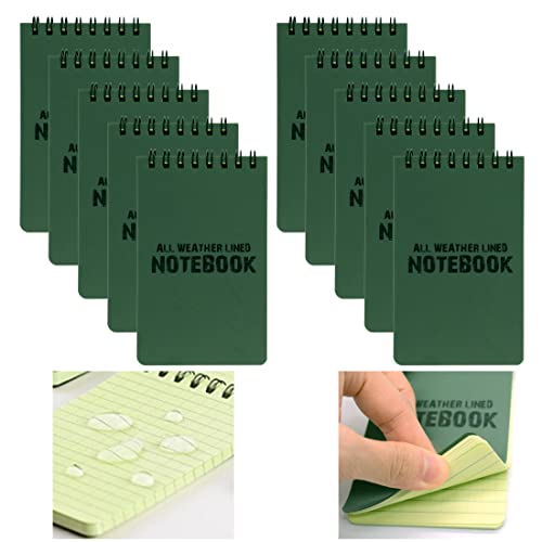 MOAMUN 10 Pack All Weather Shower Waterproof Notebook, Pocket Size Tactical Notepad Top Spiral Memo Notes Green Grid Paper Eye Protection for Outdoor Activities Recording (3.2 x 5.5 in) (10)