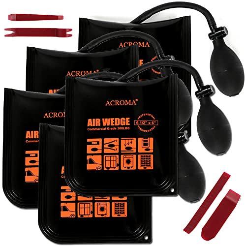 Acroma 5-Pack 6-1/2 x 6 Commercial Grade Air Wedge, Inflatable Shim Bag, with 300LB Load Rate, Squeeze pump-up/Quick-release, extra 4-Piece Pry Bar Included. AW0501